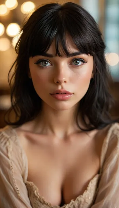 ziprealism, (intimate snapshot esthetic, French inspired, stunning French woman, cozy French bedroom), (adorable woman, soft smile, warm loving gaze, bashful pose:1.2), (f/2.8, shallow depth of field, creamy bokeh, warm romantic lighting, dynamic light, contrasting shadows, extreme closeup shot, tight headshot, intimate facial portrait, Dutch Angles, focus on eyes:1.6), (glossy ink black hair, wispy bangs with fringe, thick voluminous hair, loose hair obscuring face:1.4), (catchlights, limbal rings, large expressive eyes, stunning eyes, perfect eyes, long delicate eyelashes), (classic French facial features, flawless porcelain skin, soft blush), igbaddie, <lora:igbaddie-XL:.8>, <lora:MJ52:.8>