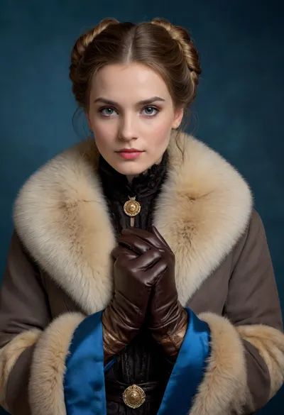 night, young woman, She is dressed in the latest fashion of the 1880s, coat decorated with fur and ribbons, a muff and thin leather gloves. Her look is regal, mysterious and a little sad, "Swedish" gloves made of the finest leather, a "Skobelev" coat decorated with sable fur and blue satin ribbons, a muff, a gold bracelet, all these are fashionable details of women's clothing of the 1880s, claiming expensive elegance, chiaroscuro, low-key