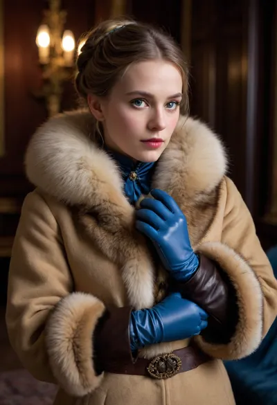 night, young woman, She is dressed in the latest fashion of the 1880s, coat decorated with fur and ribbons, a muff and thin leather gloves. Her look is regal, mysterious and a little sad, "Swedish" gloves made of the finest leather, a "Skobelev" coat decorated with sable fur and blue satin ribbons, a muff, a gold bracelet, all these are fashionable details of women's clothing of the 1880s, claiming expensive elegance, chiaroscuro, low-key