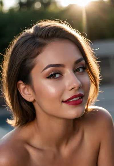 20 year old woman eyeing camera, leaning back, head angled up, deeply tanned brown skin, (sweaty, flushed, exhausted, drunk), smiling, happy, seductive, full dark red lips, prominent cupids bow lips, shiny lipgloss, hair elegantly done, (eyeliner, winged eyeliner, dark eyeshadow), makeup, nude, (golden hour sunlight shining on her)