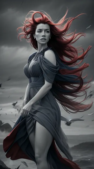 A woman stands on a cliff in a grayscale, very nice face, landscape, wearing a long, flowing royal blue dress. Surrounding her, hundreds of bright red birds swirl in flight — vibrant against the muted tones. The birds fill the air, some near her face, others trailing behind her, forming a spiral of motion. The wind catches her dress and hair as if nature responds to the storm of birds. Emotional, cinematic, dramatic — a poetic scene of contrast, color, and intensity.