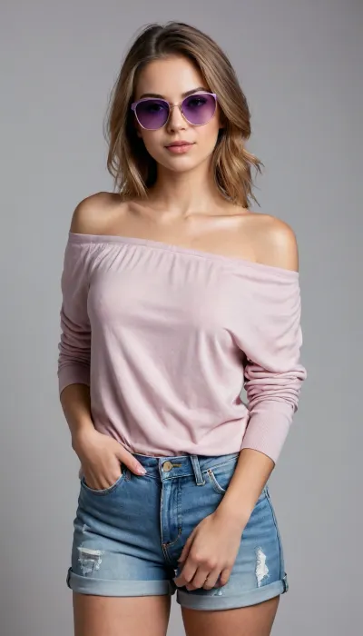 Young woman, light brown hair, light skin tone, 20-30 years old, standing confidently against a plain white background. She is dressed in a light gray, off-the-shoulder, long-sleeved top. Denim shorts, rolled-up at the bottom, complement the outfit. She wears light beige/gold embellished sandals. A pair of pinkish-purple sunglasses rest on top of her head. Arms are crossed over her chest, with a neutral, calm facial expression. Her posture is straight, exuding confidence and serenity. Full body shot, full-length, frontal view. The lighting is even and bright, creating sharp, clear details without harsh shadows. Colors are soft, complementary, and pastel-toned. The image conveys a relaxed, casual vibe, and a subtly fashionable mood. Composition is simple, focused on the subject, with nothing distracting from the model. The style is modern, and trendy, likely evocative of contemporary fashion photography.