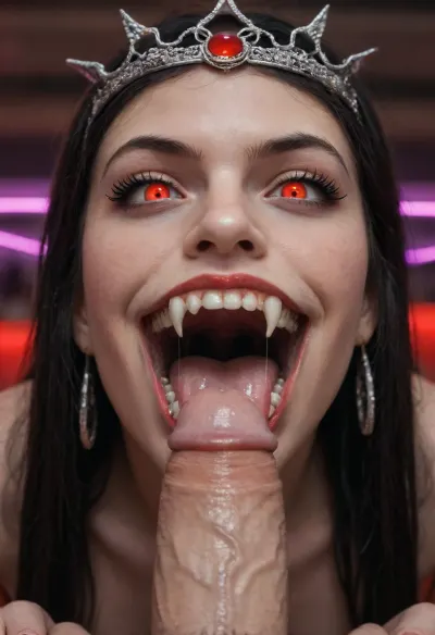 hyper detailed hyper realistic natural petite cutie, 22 years old beautiful vampire queen, (very slim), nightclub, very detailed face, white teeth, white vampire teeth, vampire fangs, pale woman with black hair, Vampire Queen sucks penis, crazy evil face, close up, red eyes, shining red eyes, creepy red glowing eyes, (((very long vampiric fangs))), crazy laugh, crazy face, luxurious tiara in the style of dark fantasy, Vampire fangs, symmetrical epic fantasy art, dark fantasy, big mouth, Wide open mouth, purple lights, neon, colorful, high detail, impeccable image quality, Evil laugh, evil grin, raised eyebrows, ultrarealism, cockbiting, a lot of cum, facial, mouth full of cum, biting shaft, vampirebiting, 1girl, big penis, hetero, 1boy, fellatio, oral, solo, focus, pov, fangs, cum, sperm, huge cum, lot of cum on body, cum on here, Pale skin, almost white skin, red cheeks, very pale skin