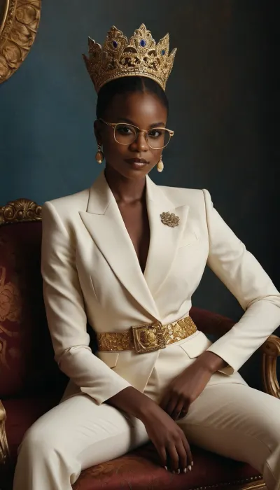 A striking portrait of a young Senegalese princess, circa 25 years old, exuding regal confidence. She is elegantly poised in a tailored, avant-garde pantsuit, the jacket, a vibrant sapphire blue, is sharply structured with exaggerated shoulders and a cinched waist, showcasing intricate gold embroidery along the lapels. The trousers, a creamy off-white, fall in crisp, sharp lines. Her dark brown skin glows under warm, golden lighting, contrasting beautifully with the suit. She wears oversized, tortoiseshell-rimmed glasses, adding a touch of intellectual sophistication to her already commanding presence. Her dark, expressive eyes hold a thoughtful yet powerful gaze, her full lips curved into a subtle, knowing smile. A pristine white Persian cat, sleek and calm, rests gracefully on her lap, its fur a stark contrast to the bold colors of her attire. The background is a minimalist, textured off-white wall, providing a clean backdrop that accentuates the princess and her attire. The composition is a three-quarter view, slightly low angle shot, emphasizing her regal stature. The style is a blend of contemporary avant-garde fashion photography and classical portraiture, evocative of a modern-day royal. The overall mood is one of quiet power and sophisticated elegance, steeped in a rich, warm palette with sharp contrasts in texture and tone. Render in a photorealistic style with a subtle painterly touch, emphasizing detail and texture, particularly the cat's fur and the embroidery on the suit.
