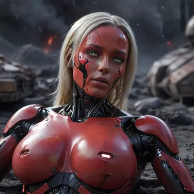 damaged busty blonde robot, red fully robotic body, beautiful human face with tanned silicone skin, full body view, lying on side on alien planet, sparks and smoke coming from severely damaged robotic neck, <lora:bombshell_v2:.8>, <lora:hightech_robotics:.8>, hightech_robotics, <lora:CyborgMechExosuit_v1.5:1>