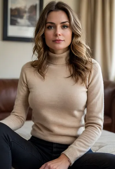 1 swiss 35yo woman, criminal police officer, film charakter Annette Brotz, (she wears a thin beige cashmere high neck sweater and black jeans:1.4), sits indoors in a hotel room, (longer dyed dark blonde wavy hair:1.2), grey eyes, pointed nose and chin, necklace with police ID, medium natural tits, <lora:681678_training_data:.5>, <lora:SDXLHighDetail_v6-000005:.5>, <lora:style_lora_realis:.5>