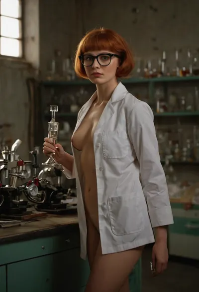 USSR poster style, USSR postcard style, USSR epoch style, photorealistic, glossy poster style, high quality, soviet poster art, 30yo scientist, fully nude, ultra skinny body, ((flat breasts)), ginger bobcut, ((rectangular glasses, glasses with rectangular lenses)), short white open lab coat, in chemistry laboratory, chemistry factory as background, (full-length image)