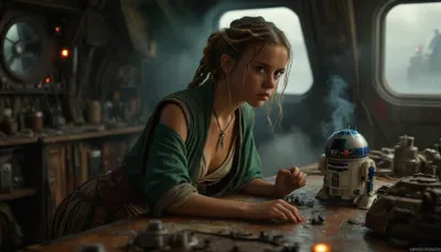 Star Wars Style, full body view of a female Jedi, repairing stuff at messy table, in a messy common room, inside Millennium Falcon, slender, slim waist, blonde matted dreadlocks, flat breasted, tanned skin, lucky charm necklace, beautiful brown leather belt, highly detailed Jedi costume, Jedi toga, perfect face, perfect hands, glass on table, extremely steaming green liquid, R2-D2, dejarik, 8k, high resolution, TIE, fighter, neon_style, cloudy, smoke, atmospheric, clouds, fog, <lora:TIE fighter:.8>, <lora:304304_training_data:.8>, <lora:MJ52:.8>, <lora:Cloudy_Style:1.1>