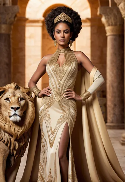 A very dark-skinned woman, likely in her late twenties to early thirties, stands confidently. Her regal, age-appropriate expression is serene and majestic. She wears a lavish, golden-bronze, ornate gown with intricate embellishments, a detailed bodice, and a full skirt. The outfit's style is a blend of ancient Egyptian and modern dance-inspired elements. The fabric appears to be luxurious and has a slight sheen. Her hair is voluminous, dark, and curly, afro styled into elaborate curls and adorned with a golden crown. Her facial features are accentuated with subtle makeup, highlighting her natural beauty. She holds a large, majestic, golden-brown lion by its flank. The lion, beautifully detailed, sits calmly with a confident posture. The environment is a grand, ancient-inspired setting, featuring stone pillars and arches. The setting strongly suggests an ancient empire, possibly inspired by African or Middle Eastern cultures. The lighting is warm and focused, highlighting the woman and the lion. The colors are predominantly golden browns, with touches of gold and bronze, against a muted tan backdrop, creating a regal and sophisticated atmosphere. The composition focuses on the interplay between the woman and the lion, with both subjects positioned centrally. The perspective is a slightly low angle, showcasing the grandeur of the setting and the scale of the lion. The overall mood is one of timeless power and majesty. The style is theatrical and visually arresting, with an emphasis on detail. It evokes a sense of ancient royalty and power. Art Deco elements are present in the grandeur and detailed embellishments on her garment.