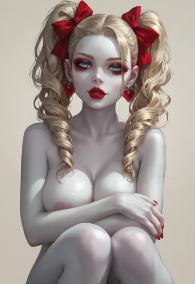 Beautiful busty slender woman, (blonde hair, styled in pigtails with red ribbons), heart shaped high cheek bone face, full lips, seductive, (deep red lipstick), (Pale skin:1.6), (striking light blue eyes, with red eyeliner and red smoky eye shadow), (silver earrings), (sensual look), (naked), (beige background), realistic detailed face, detailed hair, realistic detailed body, realistic detailed skin, realistic detailed breasts, realistic detailed pussy, (front view:1.2), (sitting legs crossed, holding knees and covering breasts), (looking at viewer), detailxl, <lora:add-detail-xl:1.5>, <lora:style_lora_realis:.5>