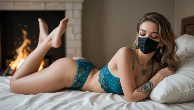 masterpiece, best quality, highly detailed, score_9, score_8_up, score_7_up, score_6_up, *******
one voluptuous Indian college student lying asleep with her eyes closed on bed on stomach, *******
stylish short wavy light brown hair down, *******
night scene, dim lighting, erotic atmosphere, soft shadows, dramatic cinematic light, tension-filled moment, lustful intensity, provocative silence, suggestive composition, partial darkness, moody tone, explicit detail, curves, taboo theme, dark, theme, cindrt, *******
saying zzz, spoken zzz, *******, (hygiene mask), *******
campfire, lightning, witch, sunset, (one leg up, focus on thighs), *******
curves, relaxed, limp, unconscious, thick thighs, toned calves, cute small round ass, feet, one leg up, dark gray eye shadow, eyes closed, asleep, cleavage, head tilted to side, head on pillow, perfect small breasts, tattoos, realistic perfect pale skin, wearing earrings, wearing necklace, *******
beige lace body stocking, green transparent royal harem costume, <lora:SDXLHighDetail_v6-000005:1>, <lora:cindrt:1>, === Code Execution Successful ===