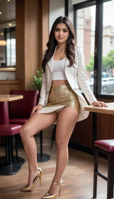 A modern beautiful Indian 18 yr girl sitting in a cafe showing her pussy, gold high heels, shaved pussy, white top and leather jacket, nude bottom, full legs visible including her heels, black high heels, sexy legs, realistic pic, innocent look, skirtlift, 8k resolution, sitting, flashing pussy, no panties, bare pussy, long shot, full body pic, feet visible, legs open, <lora:skirtlift_xl:.5>