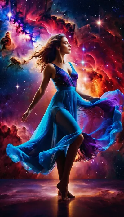 A full-length beautiful woman in a dynamic dance in the cosmic void, her form intertwined with the vibrant colors of stellar nebulae., (Double exposure technique:1.4), combines the beauty of the universe with the girl's appearance, Bright, glowing colors of nebulae, red, blue and purple hues, twinkling stars, smooth skin, calm expression, atmospheric details, vivid colors, dreamy atmosphere, detailed textures, High detail, 8K, masterpiece, photorealistic, rendered in Octane.