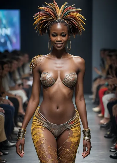 a semi-naked Senegalese princess, sexy posing, smile, (covers her exposed breasts with her hands:1.2), bright avant-garde princess shoulder pads, walks the runway at African Fashion Week, long curved legs, bright african avant-garde clothing, an avant-garde haute couture show, a fashion catwalk. side view, full body view, fashion runway inspired by cyberpunk, cinematic, detailed face, perfect photography, <lora:weird_runway:.1>, <lora:artfullyAVANTEGARD_SDXL_V1.1:1.6>