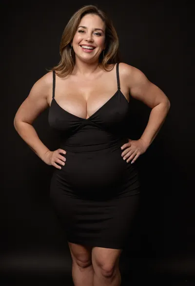 3/4 side view, Curvy gilf, looking at viewer, eye contact, portrait photo a ssbbw mature 60 year old woman, wearing a v-neck sleeveless spaghetti strap black dress, hourglass figure, wide, huge hips, large waist, narrow waist, thick, thighs, saddlebags, round face, chubby cheeks, wrinkles, flushed cheeks, double chin, big eyes, long hair, brunette hair with highlights, medium hair, big smile, mouth open, lips parted, big lips, teeth showing, perfect teeth, joyful smile, (solid blank black background), pokies, hoop earrings, (wrinkles), sagging, breasts, apart, hard nipples, downblouse, nipslip, <lora:RealDownblouseXL2:.8>