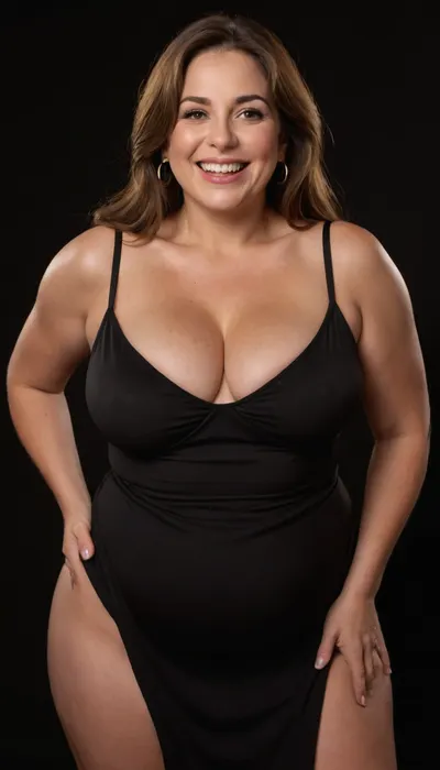 3/4 side view, Curvy gilf, looking at viewer, eye contact, portrait photo a ssbbw mature 60 year old woman, wearing a v-neck sleeveless spaghetti strap black dress, hourglass figure, wide, huge hips, large waist, narrow waist, thick, thighs, saddlebags, round face, chubby cheeks, wrinkles, flushed cheeks, double chin, big eyes, long hair, brunette hair with highlights, medium hair, big smile, mouth open, lips parted, big lips, teeth showing, perfect teeth, joyful smile, (solid blank black background), pokies, hoop earrings, (wrinkles), sagging, breasts, apart, hard nipples, downblouse, nipslip, <lora:RealDownblouseXL2:.8>