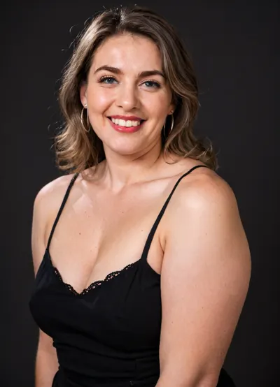 Curvy gilf, looking at viewer, eye contact, portrait photo a ssbbw mature 60 year old woman, wearing a v-neck sleeveless spaghetti strap black maxidress, hourglass figure, wide, huge hips, large waist, narrow waist, saddlebags, round face, chubby cheeks, wrinkles, flushed cheeks, double chin, big eyes, long hair, brown hair with gray highlights, bangs, medium hair, big smile, mouth open, lips parted, big lips, teeth showing, perfect teeth, joyful smile, (solid blank black background), pokies, hoop earrings, (wrinkles), sagging, breasts, apart, hard nipples