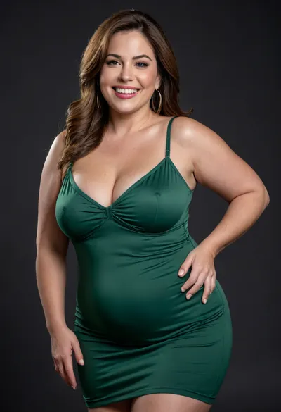 3/4 side view, Curvy gilf, looking at viewer, eye contact, portrait photo a ssbbw mature 60 year old woman, wearing a v-neck sleeveless spaghetti strap green maxidress, hourglass figure, wide, huge hips, large waist, narrow waist, thick, thighs, saddlebags, round face, chubby cheeks, wrinkles, flushed cheeks, double chin, big eyes, long hair, brunette hair with highlights, medium hair, big smile, mouth open, lips parted, big lips, teeth showing, perfect teeth, joyful smile, (solid blank black background), pokies, hoop earrings, (wrinkles), sagging, breasts, apart, hard nipples, huge ass