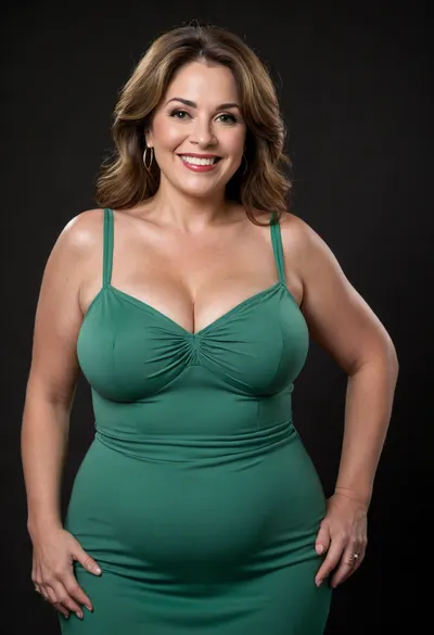 3/4 side view, Curvy gilf, looking at viewer, eye contact, portrait photo a ssbbw mature 60 year old woman, wearing a v-neck sleeveless spaghetti strap green dress, hourglass figure, wide, huge hips, large waist, narrow waist, thick, thighs, saddlebags, round face, chubby cheeks, wrinkles, flushed cheeks, double chin, big eyes, long hair, brunette hair with highlights, medium hair, big smile, mouth open, lips parted, big lips, teeth showing, perfect teeth, joyful smile, (solid blank black background), pokies, hoop earrings, (wrinkles), hard nipples, huge ass