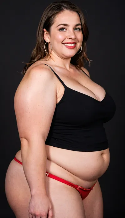 3/4 side view, Curvy gilf, (obese:1.3), looking at viewer, eye contact, portrait photo a ssbbw mature 65 year old woman, wearing a v-neck sleeveless spaghetti strap black dress, hourglass figure, huge hips, large waist, narrow waist, thighs, saddlebags, round face, chubby cheeks, wrinkles, flushed cheeks, double chin, big eyes, long hair, brunette hair with highlights, medium hair, big smile, mouth open, lips parted, big lips, teeth showing, perfect teeth, joyful smile, (solid blank black background), pokies, hoop earrings, (wrinkles), hard nipples, huge ass, chubby, ratio_wh, skin, texture, style, realism, detailed, <lora:the-ratio-hips-and-ass:1.3>, <lora:skin texture style v5:.8>, red panties