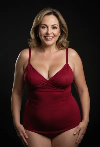 Curvy gilf, looking at viewer, eye contact, portrait photo a, (obese), mature 60 year old woman, wearing a tight red v-neck sleeveless spaghetti strap dress, slutty, hourglass figure, wide, huge hips, large waist, narrow waist, thick, thighs, saddlebags, round face, chubby cheeks, wrinkles, flushed cheeks, double chin, big eyes, chestnut hair with highlights, medium hair, big smile, mouth open, lips parted, big lips, teeth showing, perfect teeth, joyful smile, (solid blank black background), pokies, hoop earrings, (wrinkles), fupa, cameltoe, drooping saggy conical breasts, sagging, breasts, apart, hard nipples