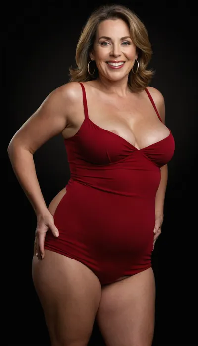 Curvy gilf, looking at viewer, eye contact, portrait photo a, (obese), mature 60 year old woman, wearing a tight red v-neck sleeveless spaghetti strap long dress, hourglass figure, wide, huge hips, large waist, narrow waist, thick, thighs, saddlebags, round face, chubby cheeks, wrinkles, flushed cheeks, double chin, big eyes, chestnut hair with highlights, medium hair, big smile, mouth open, lips parted, big lips, teeth showing, perfect teeth, joyful smile, (solid blank black background), pokies, hoop earrings, (wrinkles), (drooping saggy conical breasts), sagging, breasts, apart, hard nipples, squatting