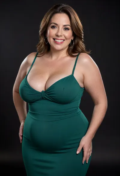 3/4 side view, Curvy gilf, looking at viewer, eye contact, portrait photo a ssbbw mature 60 year old woman, wearing a green v-neck sleeveless spaghetti strap long dress, hourglass figure, wide, huge hips, large waist, narrow waist, thick, thighs, saddlebags, round face, chubby cheeks, wrinkles, flushed cheeks, double chin, big eyes, long hair, brunette hair with highlights, medium hair, big smile, mouth open, lips parted, big lips, teeth showing, perfect teeth, joyful smile, (solid blank black background), pokies, hoop earrings, (wrinkles), (drooping saggy conical breasts), sagging, breasts, apart, hard nipples