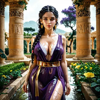 Greek goddess, lush black hair, braided hair, shiny wet skin, seductive dynamic pose, looking at viewer, beautiful face, stunning woman, excessive cleavage, chest drapery, pelvic drapery, dark purple tunic dress, sheer clothing, golden bands, golden waistband, in a night garden, nighttime ancient Greek temple