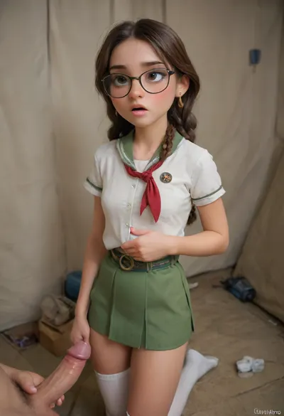 Beautiful girl with glasses stroking a big dick, cute innocent face, 19 yo, very skinny, very very petite. Long hair with Blue hairpiece, ((Brown hair in braids)), ((A traditional American GirlScout uniform with a short-sleeved white blouse paired with a green skirt. Over the blouse, she wears a green sash. The sash is decorated with a variety of badges and patches. A neckerchief is worn around the collar, secured with a small slide or knot, and white socks and simple shoes complete the look.)), White blouse pulled open to reveal her cute little perky tits, small, (1.5), little, with flat breasts, big boobs, literary, brown eyes, big eyes, body ordinary, ((in a camping tent with green canvas walls)), she jerks off, drooling, she looks at the camera, focus on her, face orgasm, sucking, Object, gd, erection, sex, toy, penis, large, <lora:cockteaseLoRASDXL:.8>, <lora:ahxl_v1:.8>, <lora:Penis_XL:1.5>, <lora:ChrisSanderNov2023:.2>, <lora:Samaritan 3d Cartoon SDXL:.3>
