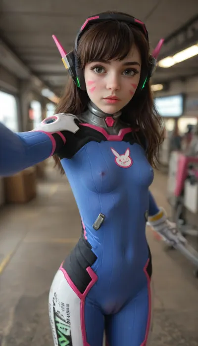 (((Best selfie pose))), close-up girl, upper body, (Very young petite girl:1.8), eye contact, (((cinematic film still Cinematic scene))), (((D.Va, Overwatch))), standing pose, detailed background, masterpiece, best quality, high quality, highres, absurdres, Guild Wars 2 . shallow depth of field, vignette, highly detailed, high budget Hollywood movie, bokeh, cinemascope, moody, epic, gorgeous, (film grain), grainy, erect nipples, ((cameltoe pussy)), 1girl, d.va, (overwatch), solo, long, hair, markings, (cutout bodysuit tight), brown, facial, mark, gloves, eyes, suit, headphones, white, medium, swept, bangs, skin, tight, print, bunny, ribbed, facepaint, (pink, lips), (dva:.8), ((wide hips)), Cyberpunk, (ultra realistic:1.3), (maximum quality:1.3), (high resolution:1.3), (extreme detail:1.3), (ultra realism:1.3), (maximum detailed skin:1.3), (((extremely long big thick black eyelashes))), (light pink makeup:1.6), (((blush))), (((shock))), ((side view)), (grey blue eyes), <lora:d.va_xl_v1:.8>, <lora:cybepunk:2>, <lora:MJ52:2>, <lora:Realism_Lora_By_Stable_yogi_SDXL8.1:2>, <lora:cfg_scale_boost:2>