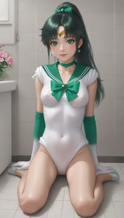 long distance view, full body view, woman, sailor Jupiter, sailor Jupiter uniform, in bathroom, sit on the floor, medium natural breast, hard nipples, slim gymnastic fitness body wet body, lots of freckles face and skin, blush on cheeks and nose, very happy smile, hypnotized loving eyes, wild hair, loving look in to the eyes, hmjupiter, eyes, tiara, senshi, uniform, leotard, smjupiter, smjupiteroutfit, (sailor, jupiter, bow, elbow, gloves, neck, ribbon, bangs, long, hair, circlet, jewelry, flower, earrings, ponytail), (green, eyes:1.5), (parted, bangs:1.5), <lora:sailor_senshi_uniform-1.0:.5>, <lora:sailor_jupiter_v1:.5>, <lora:Jupiter10_16:.5>