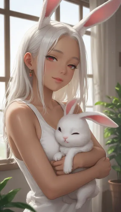 score_9, score_8_up, score_7_up, The image is an illustration of a young woman with long white hair and red eyes. She is wearing a white tank top and has a pair of bunny ears on her head. The woman is holding a white rabbit in her arms and is kissing it tenderly. The rabbit has its eyes closed and appears to be sleeping. The background is a room with a window and a plant. The overall mood of the image is peaceful and serene. dark_skin, rating, safe, white_hair, heart, animal_ears, 1girl, red_eyes, long_hair, parted_bangs, bunny_ears, hug, bare_shoulders, window, smile, half-closed_eyes, indoors, looking_at_viewer, one_eye_closed