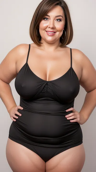 curvy, obese, big, gilf, looking at viewer, eye contact, portrait photo a chubby mature 60 year old woman, wearing a tight v-neck sleeveless spaghetti strap black dress, hourglass figure, wide, hips, thick, thighs, round face, chubby cheeks, wrinkles, flushed cheeks, double chin, round jawline, thick arms, big eyes, beautiful hair, medium hair, bob cut, big smile, mouth open, lips parted, big lips, teeth showing, perfect teeth, joyful smile, (solid blank background), hoop earrings, (wrinkles), (fupa), ((cameltoe)), (pubic hair), wide pubic hair, drooping saggy conical breasts, sagging, breasts, apart, <lora:tt_saggy:.3>, <lora:ConicalTits:.3>