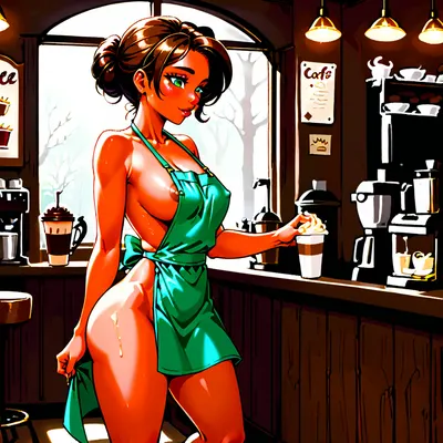 A hyper-detailed 4K UHD digital illustration of a coffee shop interior. One woman, a 40-year-old, brown-skinned woman, fully nude, only wearing a green apron, is kneeling on the floor, nipple slip, large brown areolas, side boob, holding a coffee cup up with one hand, the other hand holding the man cock. Side view of the man, 1man, standing above her, brown-skinned, dad bod, nude, large erection, large uncircumcised cock, cum pouring from his cock into the coffee cup — pouring hot cum from his dick into the cup. The setting is cozy and realistic, with coffee shop details like wooden counters, pastries in the background, soft lighting, and steam rising from the coffee. Emphasize realism, texture, and depth., penis, <lora:276883_training_data:.3>, <lora:xpenis-1.5e:.2>