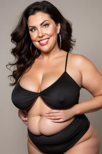 curvy, obese, big, gilf, looking at viewer, eye contact, portrait photo a chubby mature 60 year old woman, wearing a tight black v-neck sleeveless spaghetti strap black dress, hourglass figure, round face, chubby cheeks, wrinkles, flushed cheeks, double chin, round jawline, thick arms, big eyes, brunette hair, beautiful hair, medium hair, big smile, mouth open, lips parted, big lips, teeth showing, perfect teeth, joyful smile, (solid blank background), hoop earrings, (wrinkles), (fupa), wide, drooping saggy conical breasts, sagging, breasts, apart, hips, <lora:tt_saggy:.1>, <lora:ConicalTits:.5>