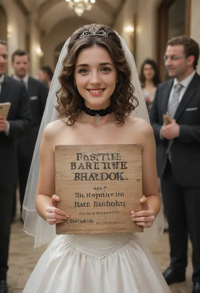 side-by-side two pictures, young French petite woman, curly brown hair, standing, (first picture on the left, confident, playful expression, huge smile, wedding dress, tiara, holding a handmade sign with text "EXPECTATIONS"), (second picture on the right, new expression on her face, much more serious, worried, nude, black choker around her neck, black leather harness with rivets on her chest, black garter at the waist, black leather straps with rivets on her legs, holding a handmade sign with text "REALITY"), logo, text, sign, that, says, the, word, <lora:texta:.8>