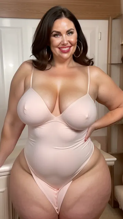 curvy, obese, big, gilf, looking at viewer, eye contact, portrait photo a chubby mature 60 year old woman, wearing a tight v-neck sleeveless spaghetti strap black dress, hourglass figure, round face, chubby cheeks, wrinkles, flushed cheeks, double chin, round jawline, thick arms, big eyes, brunette hair, beautiful hair, medium hair, big smile, mouth open, lips parted, big lips, teeth showing, perfect teeth, joyful smile, (solid blank background), hoop earrings, (wrinkles), (fupa), ((cameltoe)), (pubic hair), wide pubic hair, drooping saggy conical breasts, sagging, breasts, apart, wide, hips, <lora:tt_saggy:.1>, <lora:ConicalTits:.3>, <lora:hips-10:.8>