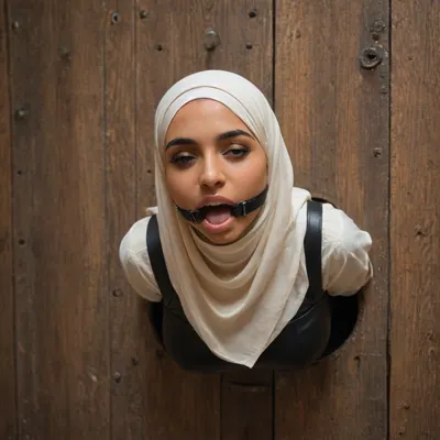 (glory wall:1.3), (bust and head sticking out of glory wall:1.3), (muslim Malay woman trapped in hole in wall:1.5), (stuck in wall up to waist:1.3), massive round silicone tits, latex hijab, black latex gloves, (wide mouth spreader ring gag:1.2), alone, (from side), (leaning forward:1.4), horny, happy, eyes closed, wooden wall, (score_9, score_8_up, score_7_up, UHD 8K, masterpiece, best quality, maximum details, natural light, extreme realism, cinematic still)