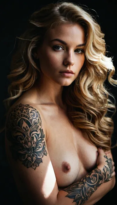Portrait dramatique en studio

- Oui.

Dans Studio avec éclairage. Portrait d'une jeune femme caucasienne à la fin des années 18 ou au début des années 20, avec une expression confiante et séduisante. Elle est habillée d'un jean noir, à la jambe droite et à la taille moyenne. L'éclairage est dramatique, mettant en valeur ses caractéristiques et créant un fort contraste entre la lumière et l'ombre. Ses longs cheveux blonds ondulés encadrent son visage. Des tatouages précis et détaillés ornent les deux bras, avec des motifs tourbillonnants et des dessins abstraits. Elle est sans sommet, les mains reposant doucement sur la poitrine. L'accent est mis sur la présentation de sa silhouette et des tatouages. L'image a une humeur suggestive, presque gothique. La composition est centrée sur la figure. La perspective est une vue portrait, soulignant sa forme et les détails. La texture de la peau et des cheveux est douce, bien que les dessins de tatouage ont une qualité graphique distincte, complexe. Le fond est blanc pur. Le style est contemporain, peut-être inspiré par l'esthétique de la mode sombre, avec un air de rébellion et de sensualité. L'atmosphère est captivante et intense, évoquant une humeur de mystère et d'expression artistique.