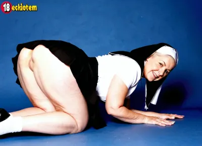 Very old very curvy casual grandmother fingers herself, real old grandmother, studio background, retro old naughty nun uniform, exhibitionist, on all fours, miniskirt High detailed photo, high quality photo, professionnal photographer, different angles and views