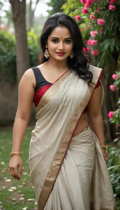 38 year old Indian mature woman, bindi, long voluminous puffed style long black hair over one shoulder, large boobs, milf, chubby fat, daytime lawn greenery cold chill full of flowers petals people watching her, black and white decent Indian saree sleeveless blouse, full indian jewellery nacklace, hindu, Bengali bride flowers on hairs, seducing naughty smirk, long earrings, full makeup, high heels, mascara, red lipstick, eye liner, view from top, full length size picture, facing the viewers, seducing flirting stylish pose, Afroza, MILF, Fashionable, style, tailor, bengali, look, bridal, saree, <lora:Afroza-10:.5>, <lora:RPGTailorXL:.6>, <lora:lora (9):.8>, <lora:bridal_saree:.9>