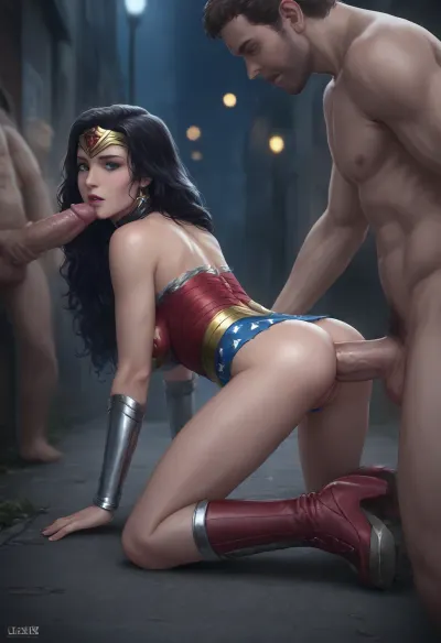 1girl cute young woman Wonder Woman gangbanged large henchmen, Wonder Woman, 18 years old, (torn and ripped Wonder Woman outfit), platform boots, (leather collar), high detailed skin, 8k uhd, dslr, high quality, detailed skin texture, highly detailed hair, sharp body, highly detailed body, realistic, soft focus, insanely detailed, highest quality, freckles, skin pores, skin imperfections, (dark city alleyway:1), dark rundown city in background, (dark night:1.4), clutter and trash in background, full body view, seductive, glowing hair, sexy legs, high resolution photography on a canon camera, friendly, flirty, (2males ass fucking Wonder Woman), (anal sex:1.2), DAP, double anal penetration, anal penetration, blurry background, Bokeh, (doggystyle anal), (massive cock:1.3)