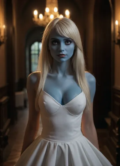 smur-fette from the smurfs, interpreted as a gorgeous woman, blue skin, blonde hair, piercings, athletic, with a white dress, gorgeous figure, interesting shapes, full body photo shot, goth style, dark eye, in the style of jessica drossin, life-size figures, 8k sharp focus, highly detailed, photorealistic