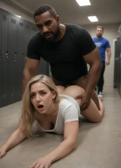 interracial, (saving marriage:1.5), (caught cheating:1.8), (husband looking from distance:1.6), (moaning:1.4), (prone sex:1.2), dark gym locker room, black walls, night, long hair, 4k very fat wife, old married, (woman wearing a tight T-shirt and leggings), (old fat woman), (sagging breasts), tanned, blonde, tall african man, ((very muscular african brute)), standing, black man fucking doggystyle, massive cock fucking, rough sex, smoked face, (low light in dark room:1.3), brutal fucking, aidxlv05_neg, dark, chiaroscuro, low-key, green, eyes, blue, brown, perfecteyes, orgasmface, <lora:sdxl_darkflash_v6-000060:.7>, <lora:zavy-cntrst-sdxl:.6>, <lora:PerfectEyesXL:1>, <lora:orgasmface_SDXL:.8>