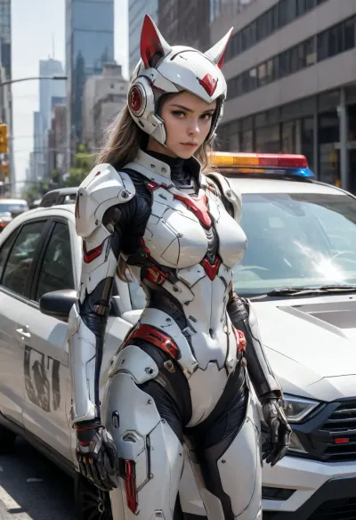 The image shows a young, thin woman in a futuristic suit standing on a police car. She is dressed in white and gray armor, with an open torso. On her head she has a helmet with ears, similar to a cat's. On her left hand is a mechanical device with several fingers. She is standing with one foot resting on the hood of the car, and the other on the fender.

In the background, city buildings are visible, as well as a crowd of people watching the event. Above the car hangs a road sign with the inscription "Downtown CA" and an arrow pointing downwards. On the bumper of the car is a yellow tape with the inscription "CAUTION SEX TAPE CAUTION".

The hood of the car is painted red and white. The reflection of the surrounding landscape is visible in the transparent dome above the hood. Inside, you can make out a steering wheel., <lora:Mecha_Ggorgeous_Armor-000011:.8>