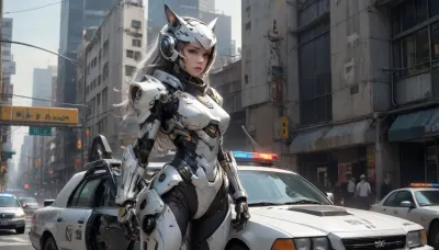 The image shows a young, thin woman in a futuristic suit standing on a police car. She is dressed in white and gray armor, with an open torso. On her head she has a helmet with ears, similar to a cat's. On her left hand is a mechanical device with several fingers. She is standing with one foot resting on the hood of the car, and the other on the fender.

In the background, city buildings are visible, as well as a crowd of people watching the event. Above the car hangs a road sign with the inscription "Downtown CA" and an arrow pointing downwards. On the bumper of the car is a yellow tape with the inscription "CAUTION SEX TAPE CAUTION".

The hood of the car is painted red and white. The reflection of the surrounding landscape is visible in the transparent dome above the hood. Inside, you can make out a steering wheel., <lora:Mecha_Ggorgeous_Armor-000011:.8>, mecha, <lora:mecha-000009 (1):.8>