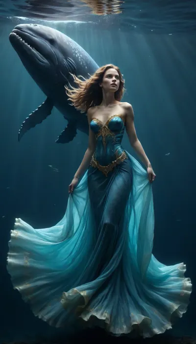 In the dark, endless ocean, a woman floats in a long, flowing gown of sheer silk that drifts around her. She is surrounded by enormous fish, some with eyes level to hers, others gliding above her like slow, majestic shadows. Their scales shimmer in blue, turquoise, and gold, casting soft light into the water. In the distance, the faint silhouette of a massive whale-like creature moves through the blue haze. Her hair is crowned with pearls and coral, her skin glistening with the reflected light of the fish. The atmosphere is calm yet powerful, cinematic, and awe-inspiring.