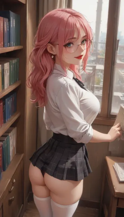 ai_generated anime_style, score_9, score_8_up, score_7_up, beautiful skinny girl drawn in anime style, young girl, long straight hair, pink hair, round eyeglasses, dark red lipstick, grey eyes, white skin, sexy smile, narrow waist, narrow hips, perfect bubble butt ass, big perfect breasts, black g-string panties, schoolgirl uniform, rolled up sleeves, short checkered black skirt, tight white shirt with deep neckline, high white stockings, upskirt, stands in provocative sexual pose, library shelves with books around, high windows through which sun rays penetrate, with warm light, perfect fingers, style anime, inspired illustration, oda, non, dynamic camera, rear view, high angle, <lora:outline_xl_kohaku_delta_spv5x:1.9>, <lora:AshMilkshake_Illustrious_v1:.4>, <lora:NEOTOKIOXL_0.2_RC:1.5>, <lora:Ppolar-P3v1-NbVp10:.5>, <lora:one breast out XL:1.5>