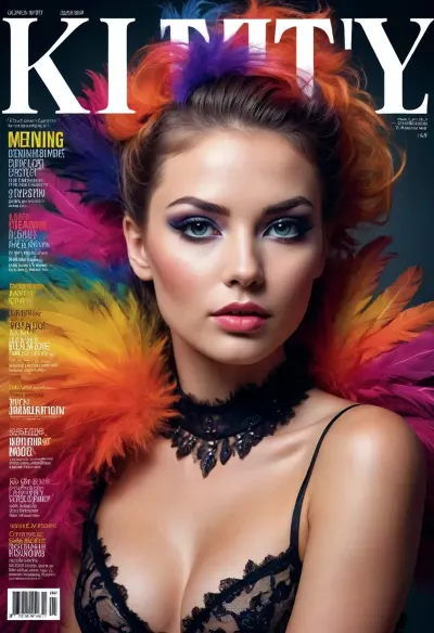 glossy magazine cover style, text headline "KITTY", A double-exposure illustration in which a woman face is overlaid with raven feathers, blending human features with skin elements. elaborate hairstyle, lingerie, aroused skin, colorful smoke, colorful glass, fashion tabloid style, text "ART", frame, graphical design, text, shapes, numbers, barcode, glamour magazine, sparkling look, realistic pretty women photo, intricate, posing, handsign to viewer, #©KITTYART


































#©KITTYART