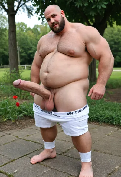 daddy, muscular, smooth, bald, fat, musclegut, obese, large cock, big black cock, large balls, saggy balls, huge pecs, bed, masturbate, horny, pumped nipples, huge hand, gigantic cock, gigantic balls, black skin, open white shirt, garden, flowers, trees, huge belly, extra fat, standing, pants pulled down, beard, grey hair, wrinkles, hairy, wide belly, wide pecs, hands on cock, people around